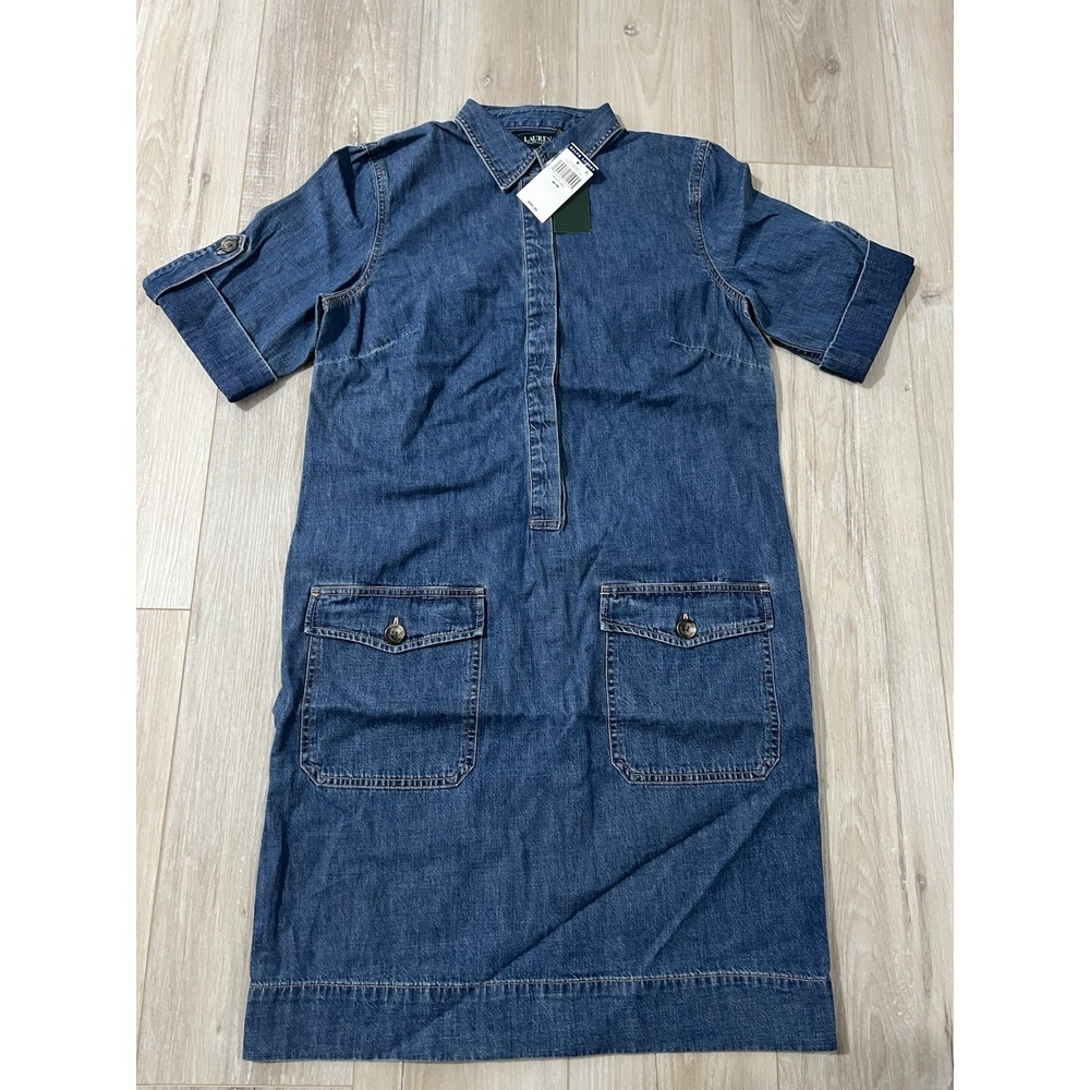 Ralph Lauren Ladies Blue Denim Hidden Button Front Dress  Size M NWT